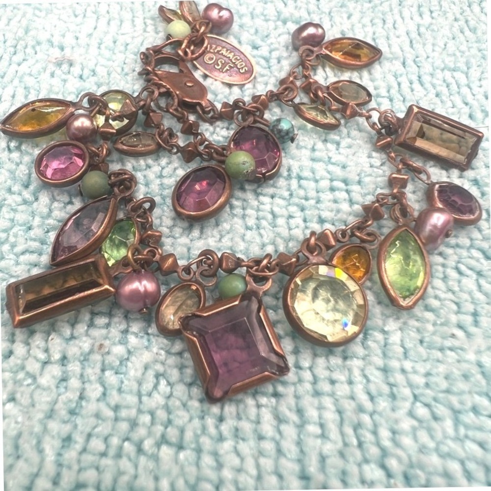 Liz Palacios SF Charm Bracelet Brass Bezel Set Crystals Multi Colored 7.5 READ
